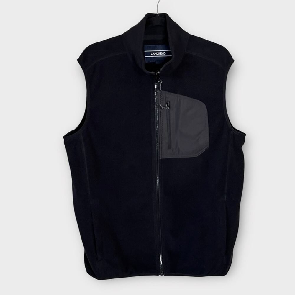 LANDS’ END Black Fleece Zip Vest Outdoor Hiking Camping Men’s Medium Tall - Picture 2 of 5